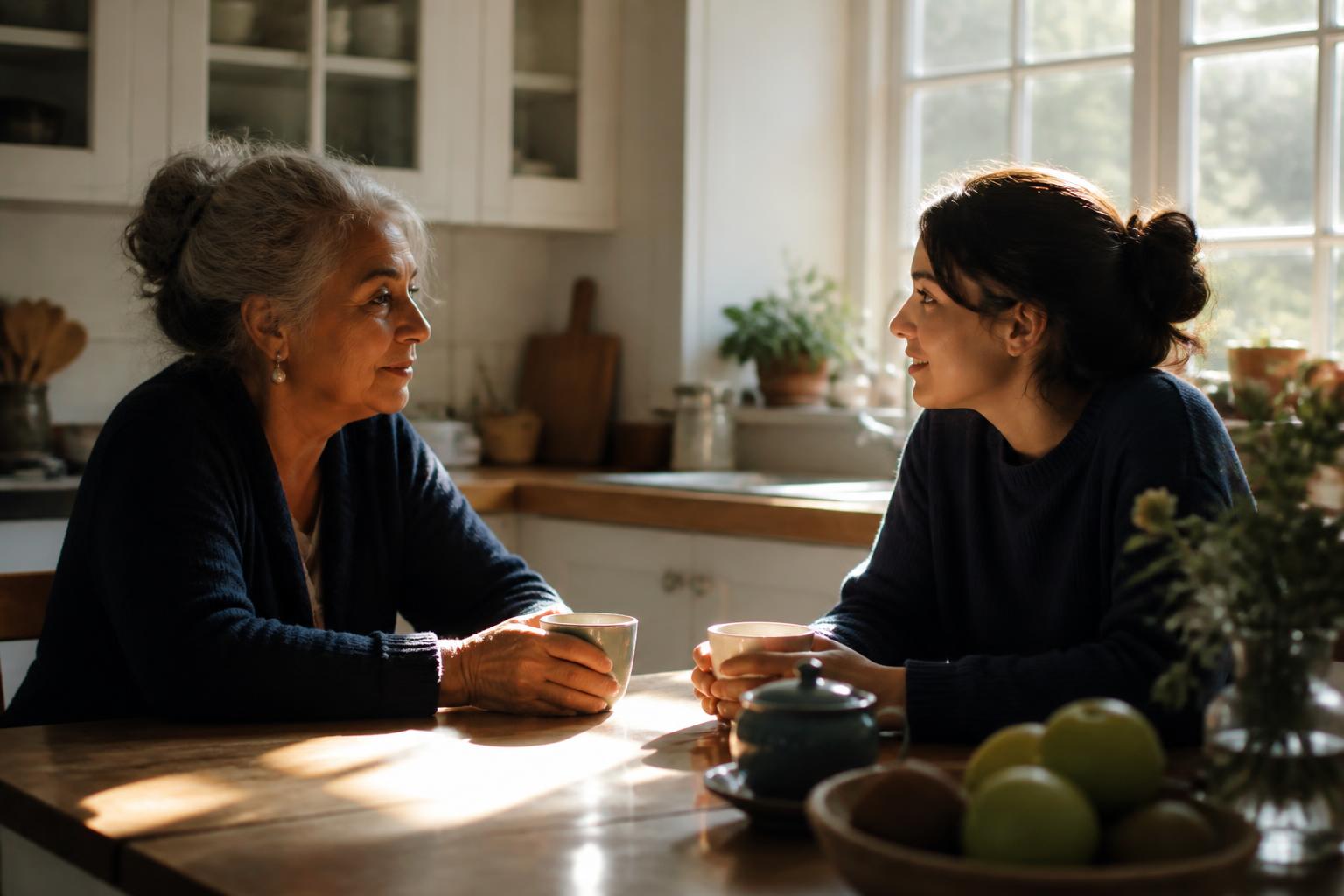 Two women in quiet conversation over tea in soft window light