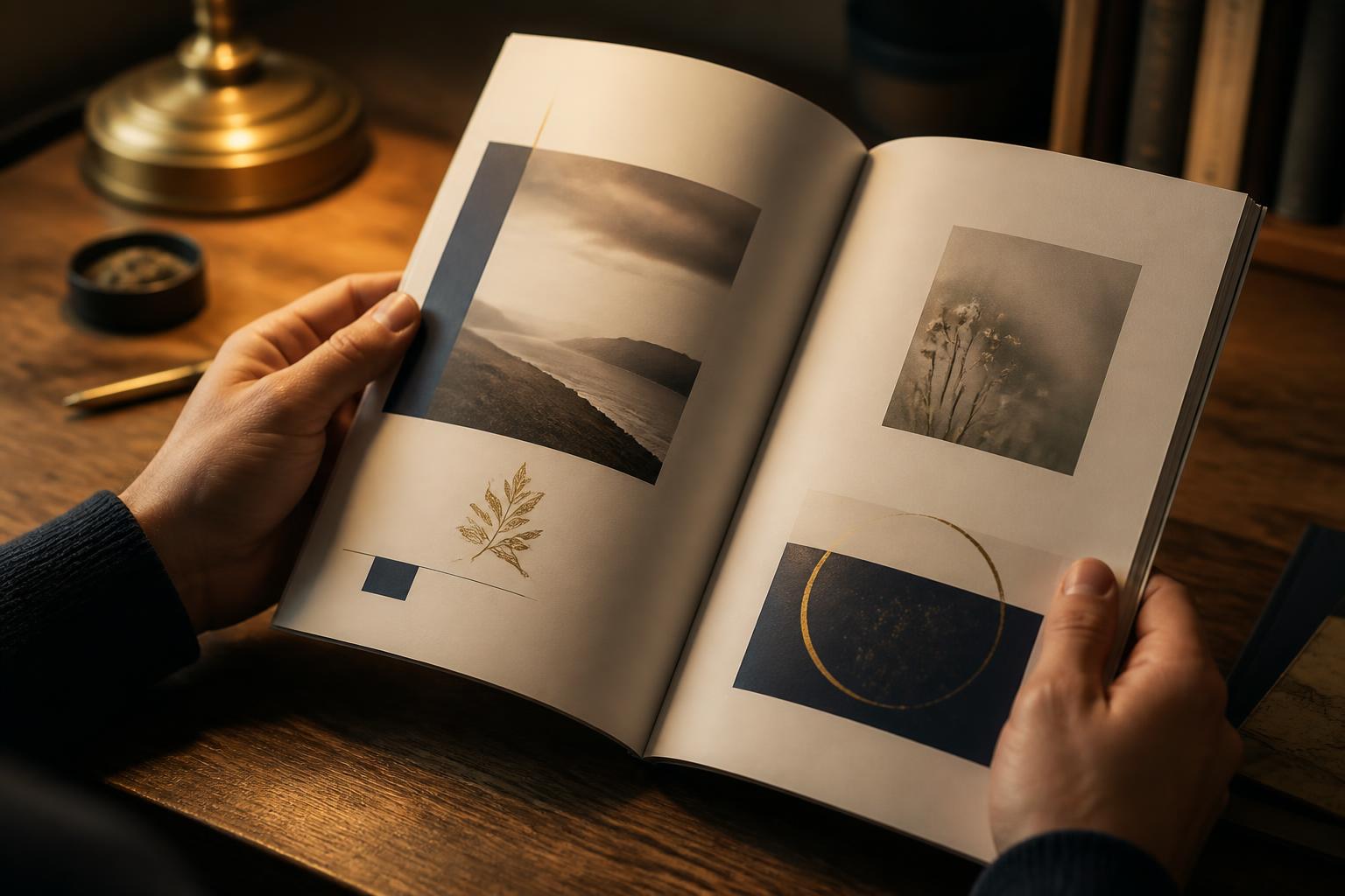 Hands holding an open printed publication beside a brass desk lamp